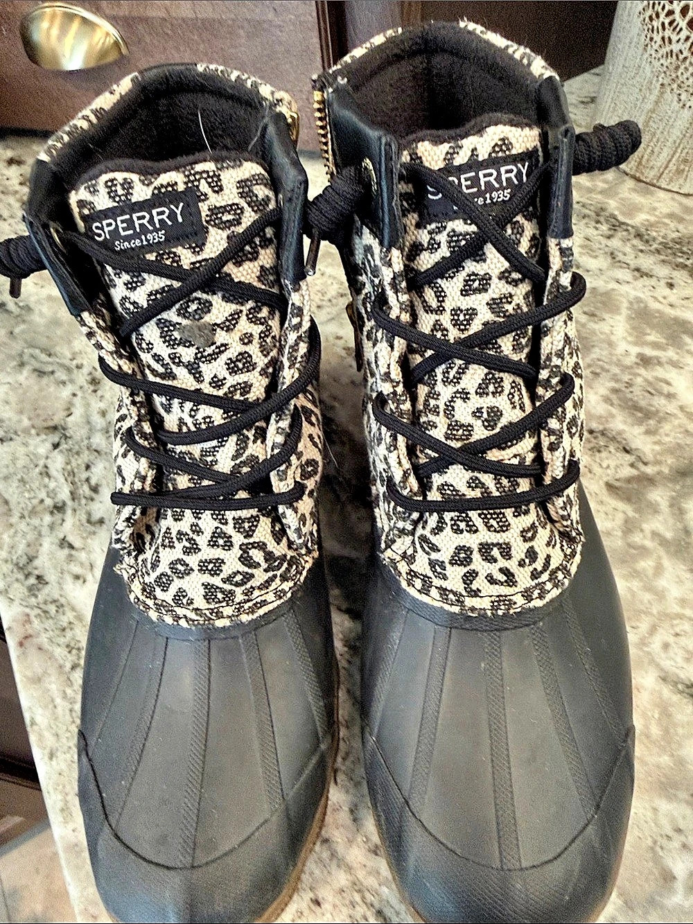 Sperry Saltwater Leopard Duck Boots Black & White US 9